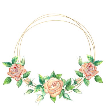 Çiçeklerle süslenmiş altın geometrik çerçeve. Şeftali gülleri, yeşil yapraklar, açık ve kapalı çiçekler. Suluboya çizimi