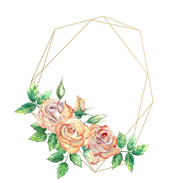 Cornice geometrica in oro decorata con fiori. Rose di pesca, foglie verdi, fiori aperti e chiusi. Illustrazione ad acquerello — Foto Stock