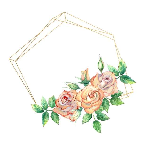 Goldener geometrischer Rahmen mit Blumen verziert. Pfirsichrosen, grüne Blätter, offene und geschlossene Blüten. Aquarellillustration — Stockfoto