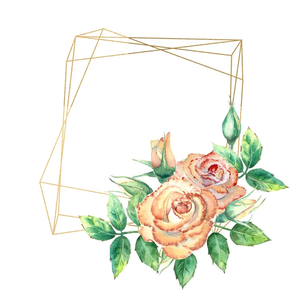 Cadre géométrique doré orné de fleurs. Roses pêche, feuilles vertes, fleurs ouvertes et fermées. Illustration aquarelle — Photo