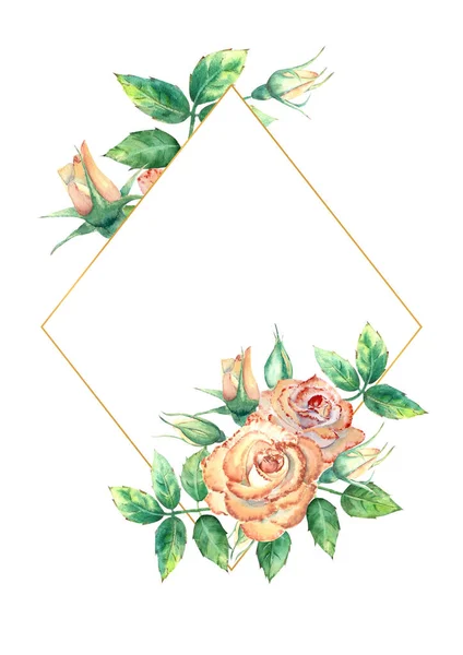 Goldener geometrischer Rahmen mit Blumen verziert. Pfirsichrosen, grüne Blätter, offene und geschlossene Blüten. Aquarellillustration — Stockfoto