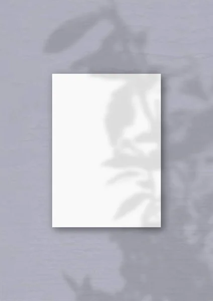 A folha vertical de papel A4 texturizado branco no fundo da parede lilás. Mockup se sobrepõe às sombras das plantas. A luz natural lança sombras de uma fábrica exótica — Fotografia de Stock