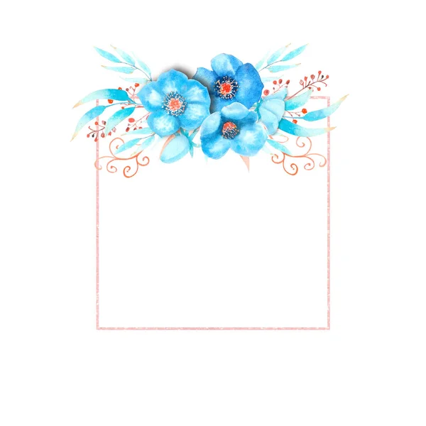 파란 헬레 보레 꽃, 꽃봉오리, 나뭇잎, 흰색 외진 배경에 장식적 인 잔가지들이 있는 기하학적 인 틀. 맨 위에 부케. 수채화. — 스톡 사진
