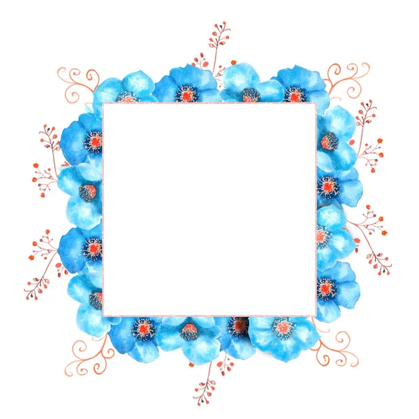 파란 헬레 보레 꽃, 꽃봉오리, 나뭇잎, 흰색 외진 배경에 장식적 인 잔가지들이 있는 기하학적 인 틀. 수채 색 삽화. — 스톡 사진