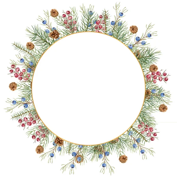 Vánoční zimní ilustrace. Kulatý rám s akvarelovými větvičkami, kužely, modré a červené bobule — Stock fotografie