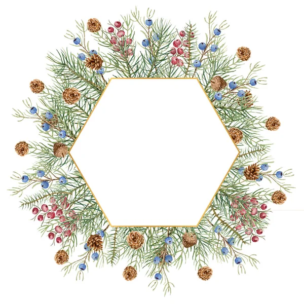 Weihnachten Winter Illustration. Polygonaler Rahmen mit Aquarell-Fichtenzweigen, Zapfen, blauen und roten Beeren — Stockfoto