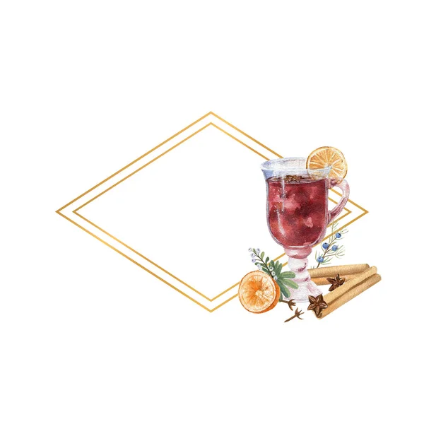 Геометрична золота рамка з аквареллю склянка глінтвейну, лимона та зимового d cor — стокове фото