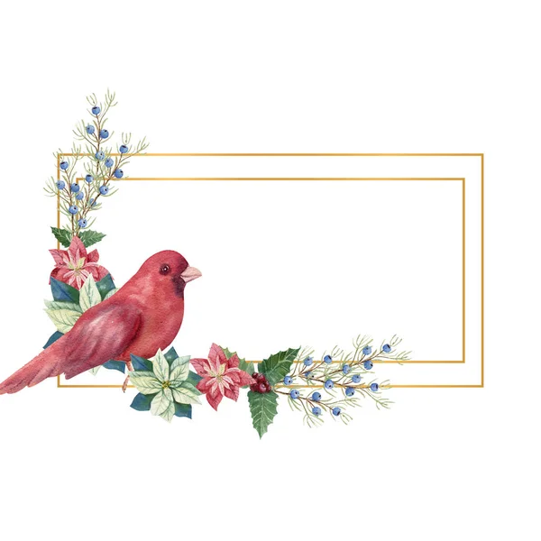 Gouden geometrisch frame met winter d cor en rode vogel. Aquarel Kerst illustratie — Stockfoto