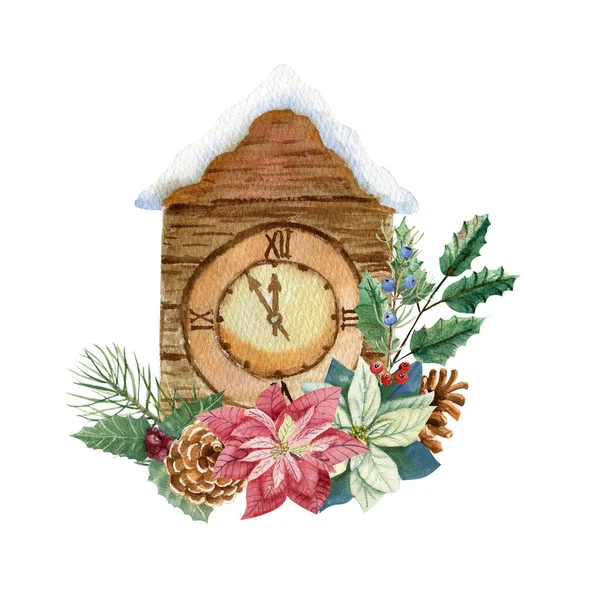 Новогодние часы с еловыми ветвями, конусами, цветами фунцетии и падубом. Акварель — стоковое фото