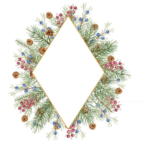Різдвяна зимова ілюстрація. Діамантова рамка з акварельними ялиновими гілочками, шишками, синіми та червоними ягодами — стокове фото