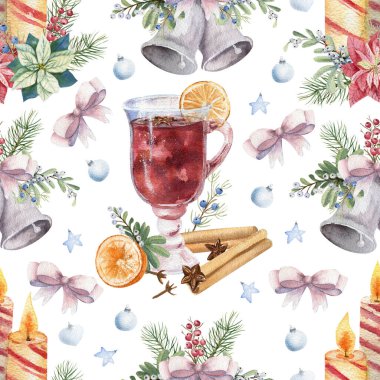 Tereyağından kıl çeker gibi, beyaz bir zemin üzerinde şarap, tarçın ve yeni yıl mumları var. Suluboya Noel illüstrasyonu