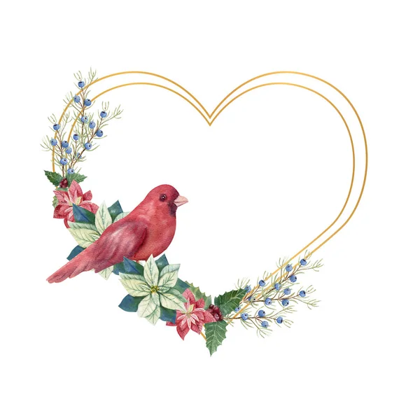 Золота геометрична рамка з зимовим d-корном і червоним птахом. Акварель Різдвяна ілюстрація — стокове фото