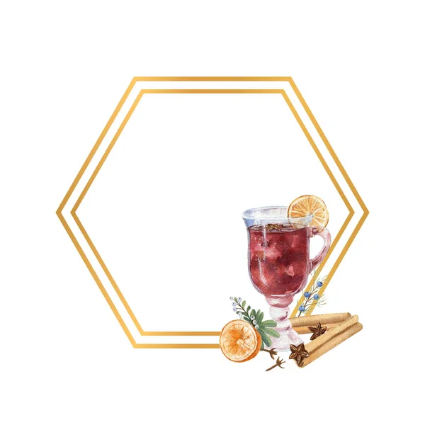 Cadre géométrique en or avec aquarelle un verre de vin chaud, citron et hiver d cor — Photo