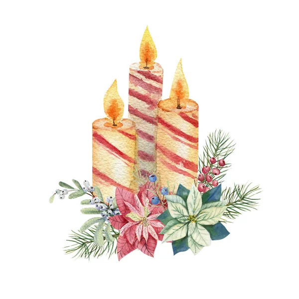 Kaarsen met winter d cor, poinsettia bloemen, twijgen met rode en blauwe bessen. Nieuwjaar aquarel illustratie — Stockfoto