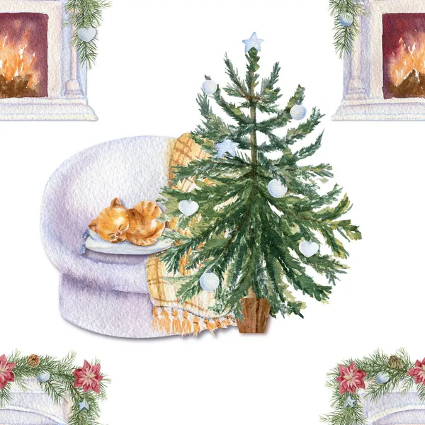 Zökkenőmentes minta karácsonyfával, kanapéval és macskával fehér, elszigetelt háttérrel. Akvarell karácsonyi illusztráció — Stock Fotó