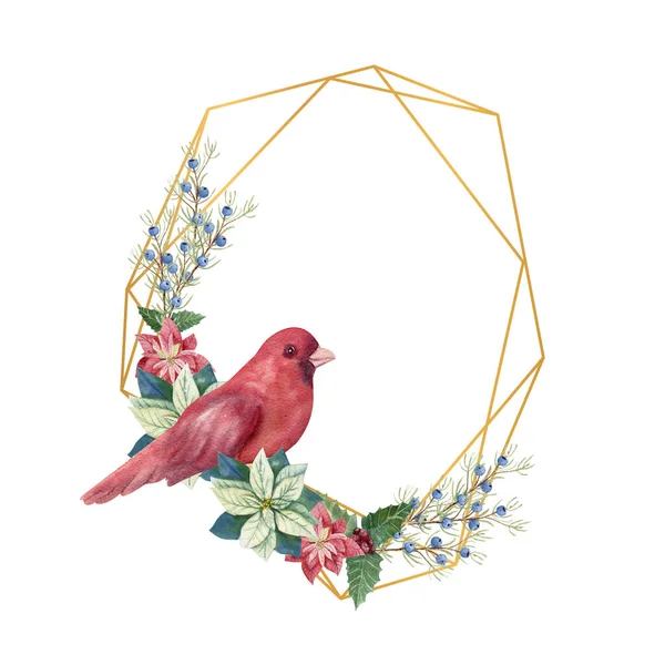 Arany geometriai keret téli d cor és vörös madár. Akvarell karácsonyi illusztráció — Stock Fotó