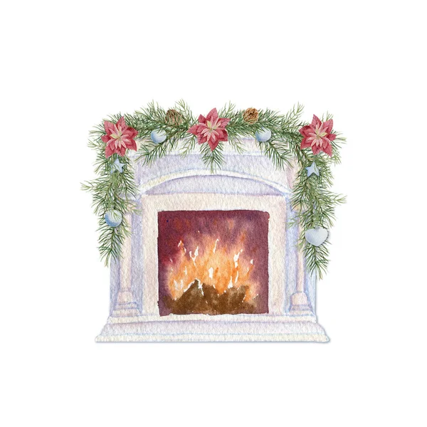 Open haard met kerstslinger van sparren takken en poinsettia bloemen. Aquarelillustratie — Stockfoto