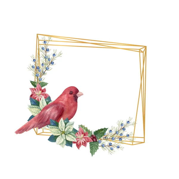 Moldura geométrica dourada com decoração de inverno e pássaro vermelho. Ilustração de Natal aquarela — Fotografia de Stock