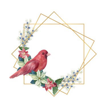 Kış d cor ve kırmızı kuş ile altın geometrik çerçeve. Suluboya Noel illüstrasyonu
