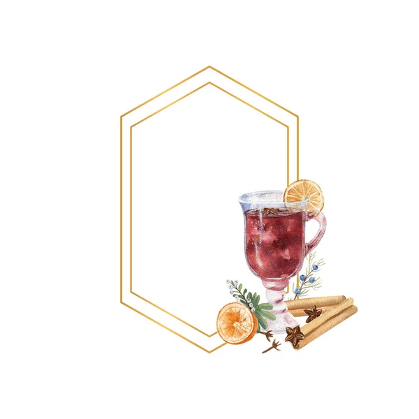 Геометрична золота рамка з аквареллю склянка глінтвейну, лимона та зимового d cor — стокове фото
