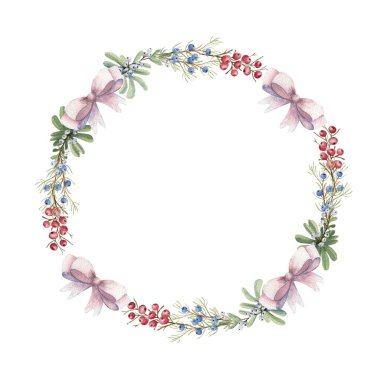 Kış dekorlu Noel suluboya çerçevesi - çiçekler, böğürtlenler, ökseotu, yaylar, vs.