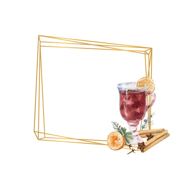 Cadre géométrique en or avec aquarelle un verre de vin chaud, citron et hiver d cor — Photo