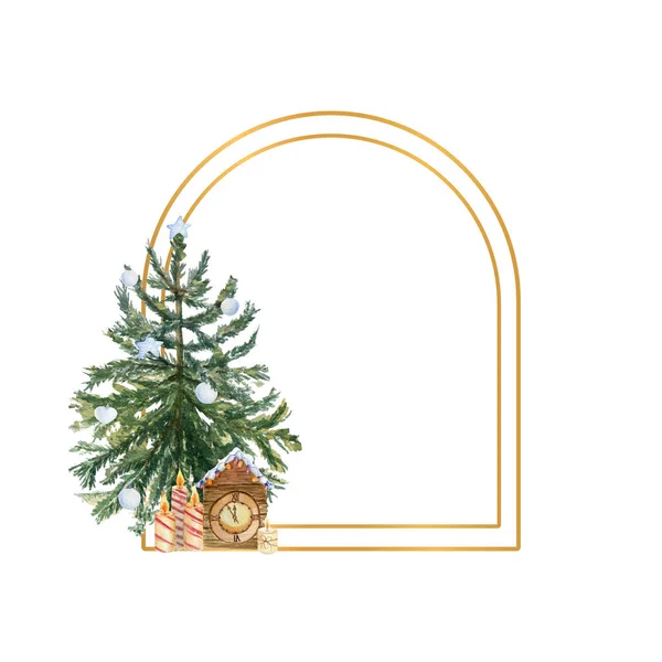 Geometric gold frame with a Christmas tree, candles, holly flowers and winter decor. Watercolor illustration — Stock Photo, Image