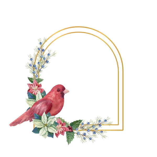 Χρυσό γεωμετρικό πλαίσιο με χειμερινή d cor και κόκκινο πουλί. Υδατογραφία Χριστούγεννα εικονογράφηση — Φωτογραφία Αρχείου