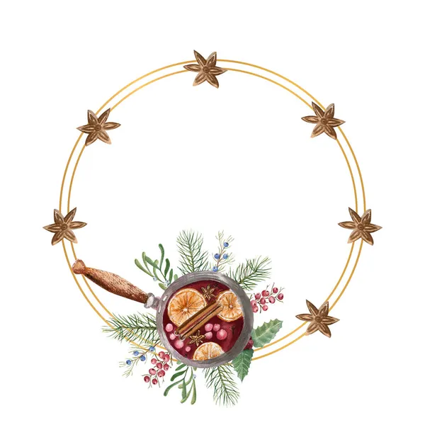 Geometrischer Goldrahmen mit einer Tasse Glühwein, Zitrone, Zimt. Aquarellillustration — Stockfoto