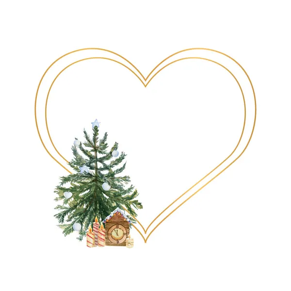 Geometrikus arany keret karácsonyfával, gyertyákkal, magyal virágokkal és téli dekorációval. Akvarell illusztráció — Stock Fotó