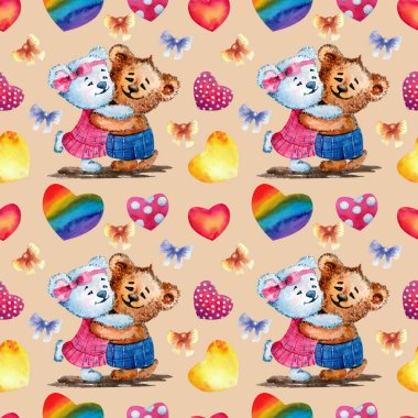 Kusursuz desen. Kalplerin arka planında sevimli bir oyuncak ayı. Suluboya çizimi. Sevgililer Günü ile hafif arkaplan.