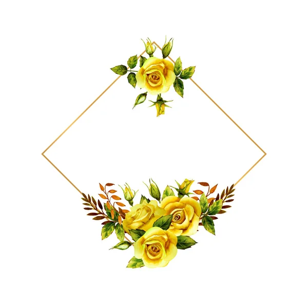 Marco geométrico de oro con un ramo de rosas amarillas acuarela — Foto de Stock