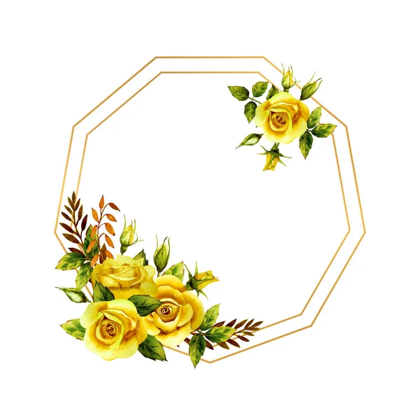 Geometryczna złota ramka z bukietem akwarelowych żółtych róż — Zdjęcie stockowe