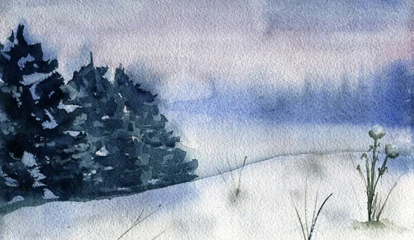 Зимовий сніжний пейзаж з ялинками. Гори на задньому плані. Акварельна ілюстрація — стокове фото