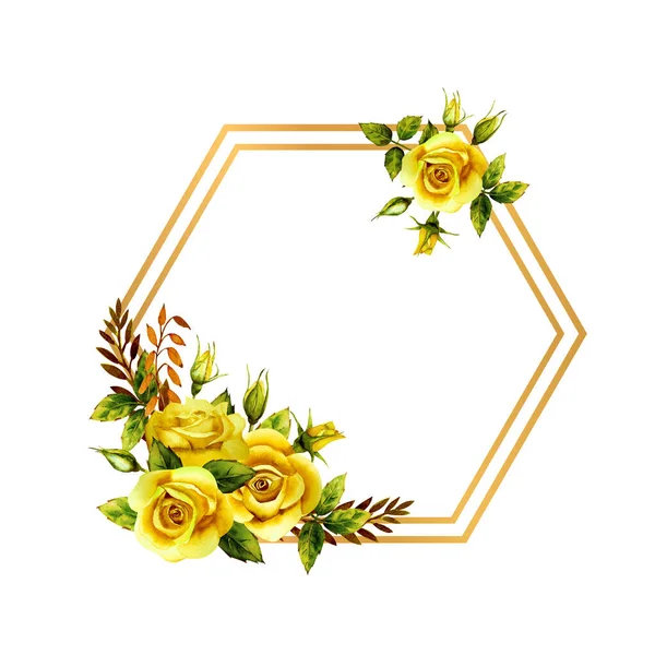 Geometrik altın çerçeve ve suluboya sarı güller.