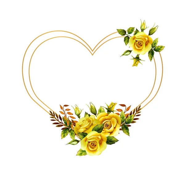 Geometrický zlatý rám s kyticí akvarelově žlutých růží — Stock fotografie