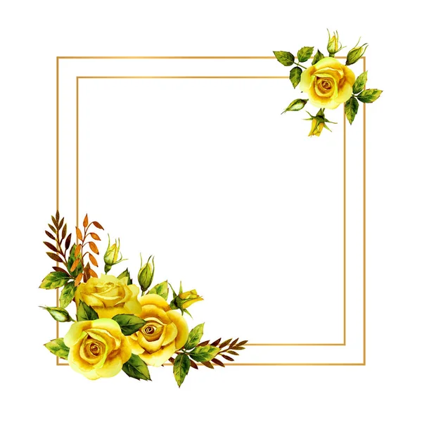 Γεωμετρικό χρυσό πλαίσιο με μπουκέτο αρωμάτων από κίτρινα τριαντάφυλλα — Φωτογραφία Αρχείου