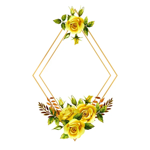 Геометрическая золотая рамка с букетом акварельных желтых цветов — стоковое фото