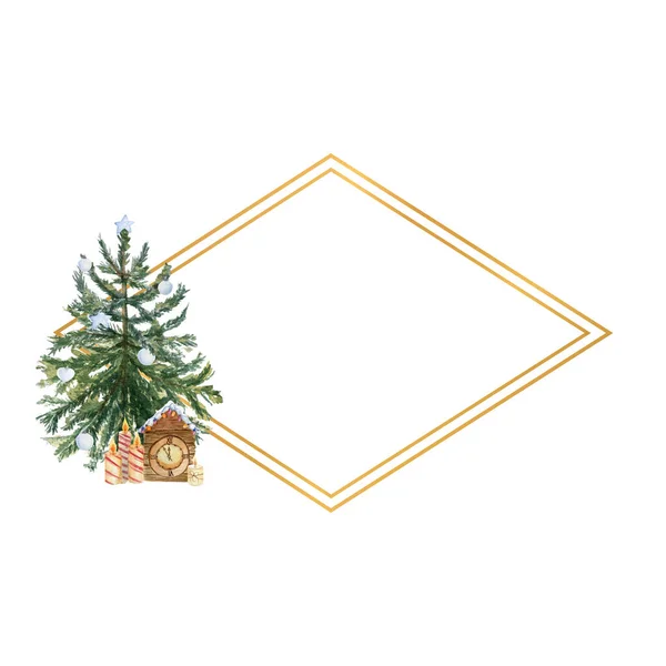 Geometric gold frame with a Christmas tree, candles, holly flowers and winter decor. Watercolor illustration — Stock Photo, Image