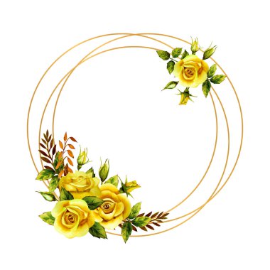Geometrik altın çerçeve ve suluboya sarı güller.
