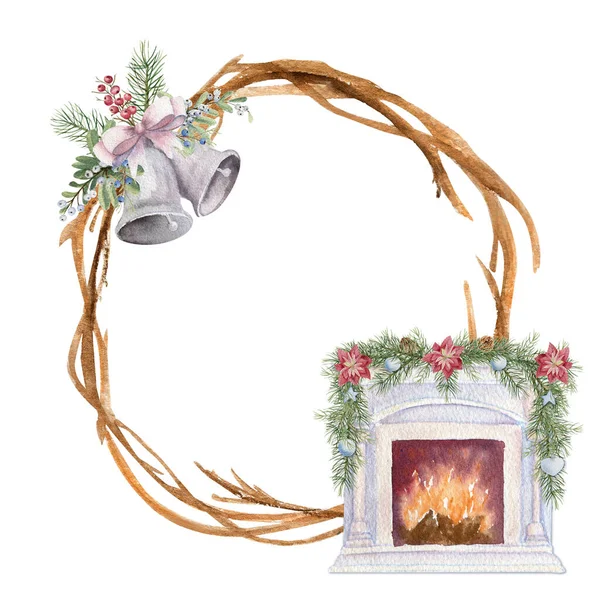 木制冬季花环，配有圣诞壁炉、蜡烛和冬季装饰。水彩画 — 图库照片