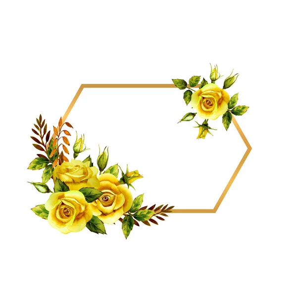 Геометрическая золотая рамка с букетом акварельных желтых цветов — стоковое фото