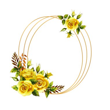 Geometrik altın çerçeve ve suluboya sarı güller.