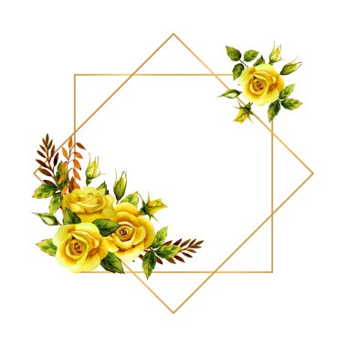 Geometrik altın çerçeve ve suluboya sarı güller.