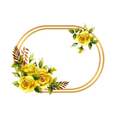 Geometrik altın çerçeve ve suluboya sarı güller.