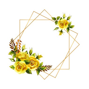 Geometrik altın çerçeve ve suluboya sarı güller.