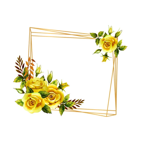 黄色のバラの花束と幾何学的な金のフレーム — ストック写真
