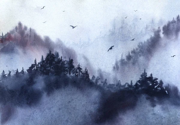 Τοπίο με ομιχλώδες χειμερινό δάσος, βουνά και σμήνος πουλιών. Εικονογράφηση υδατογραφίας. Ασιατική ζωγραφική — Φωτογραφία Αρχείου