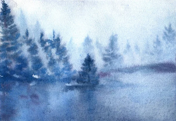 Landskap med dimmig vinterskog, älv och berg. Akvarell illustration. Orientalisk målning — Stockfoto