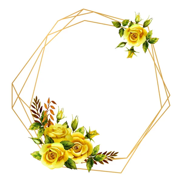 Geometrische gouden frame met een boeket van aquarel gele rozen — Stockfoto